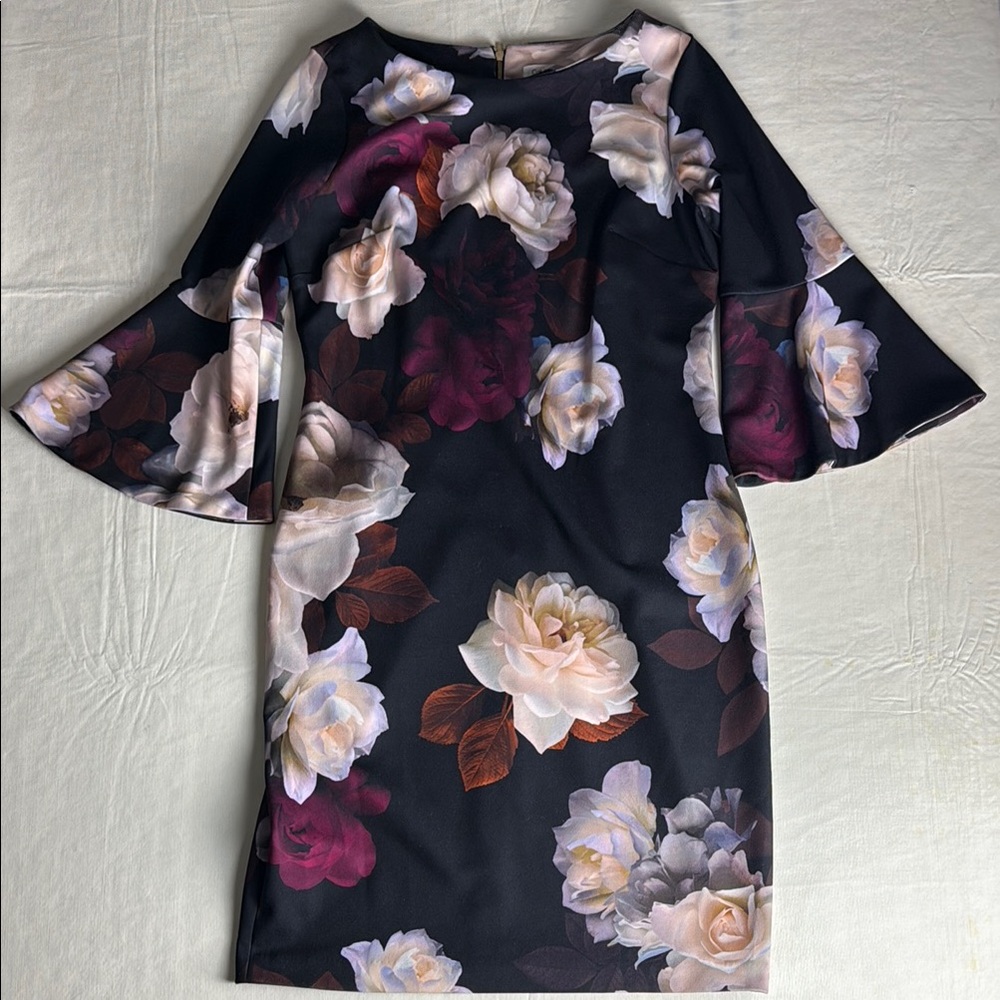 Calvin Klein Women's Black Red Pink Floral Bell Sleeve Back Zip Dress Size 12